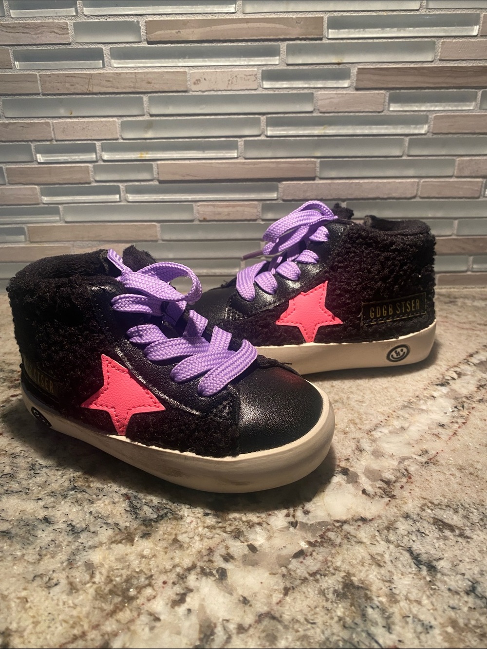 Golden Goose Kids Black High-Top Sneakers with Pink Star and Purple Laces